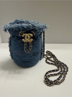 Chanel Gabrielle Mini Blue Denim Bucket Bag with Gold/Leather Chain